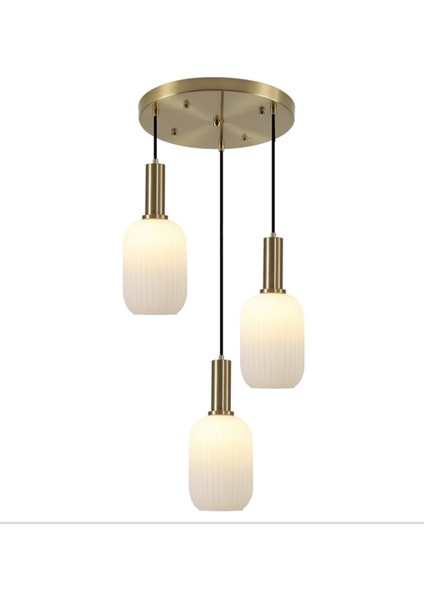 Mat Altın Gold Eskitme Kaplama 3lü Mat Opal Beyaz Cam Üçlü Sarkıt Avize