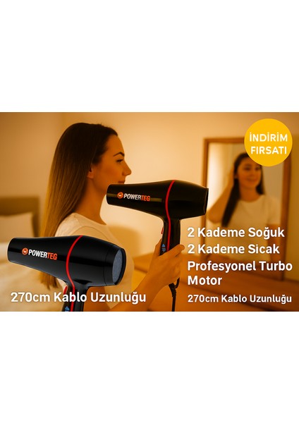 TR-601 Powertec Turbo Professional Fön Makinesi Saç Kurutma 2500W