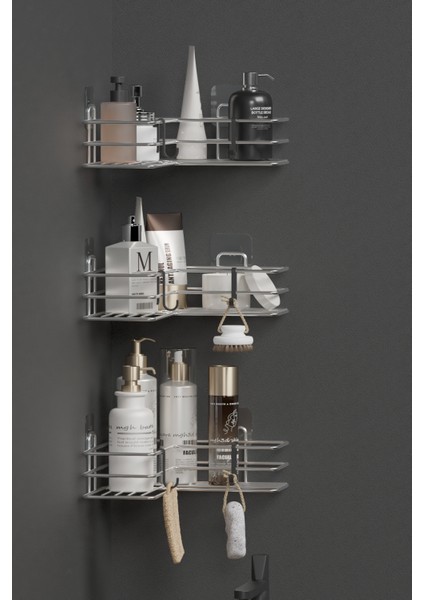 Krom Gümüş Yapışkanlı 3’lü Banyo Köşeliği – Şampuanlık & Köşe Organizer Raf fiyatları