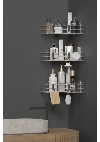 Krom Gümüş Yapışkanlı 3’lü Banyo Köşeliği – Şampuanlık & Köşe Organizer Raf modelleri