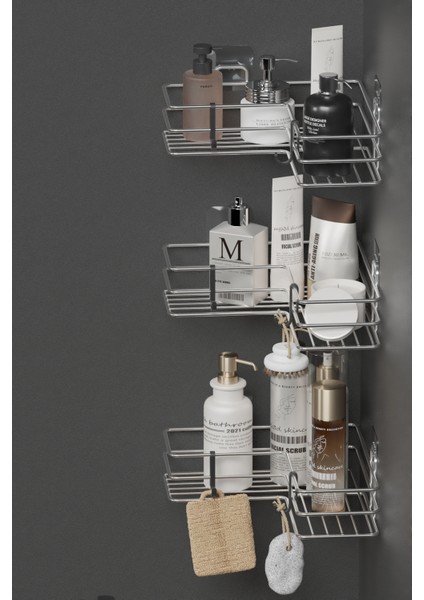 Krom Gümüş Yapışkanlı 3’lü Banyo Köşeliği – Şampuanlık & Köşe Organizer Raf fırsatları
