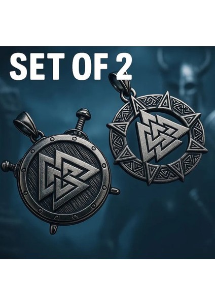 Viking Kolye Seti 2'li | Valknut Sembollü Paslanmaz Çelik Erkek Kolye