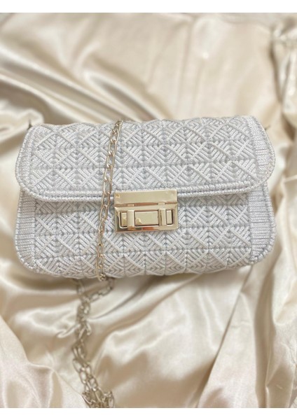 El Yapımı Makrome & Kanvas Örgü Kadın Omuz Çantası - Parlak Gri