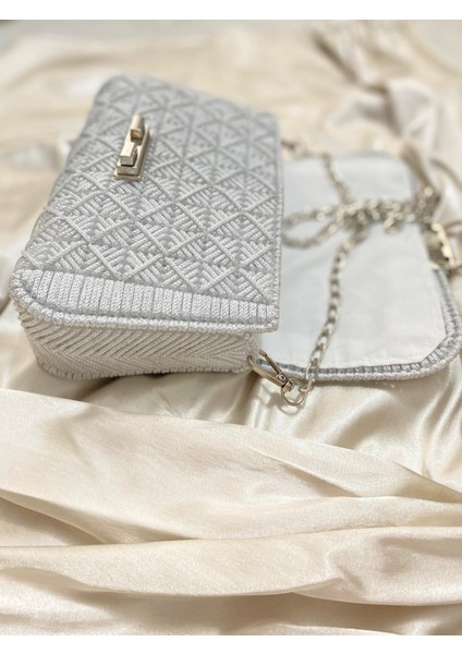 El Yapımı Makrome & Kanvas Örgü Kadın Omuz Çantası - Parlak Gri modelleri