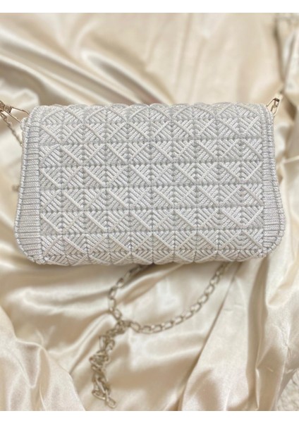 El Yapımı Makrome & Kanvas Örgü Kadın Omuz Çantası - Parlak Gri fırsatları