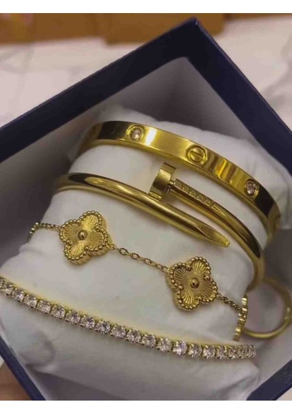 Gold Suyolu Bileklik Kelepçe Çelik Takı Seti 4lü Set