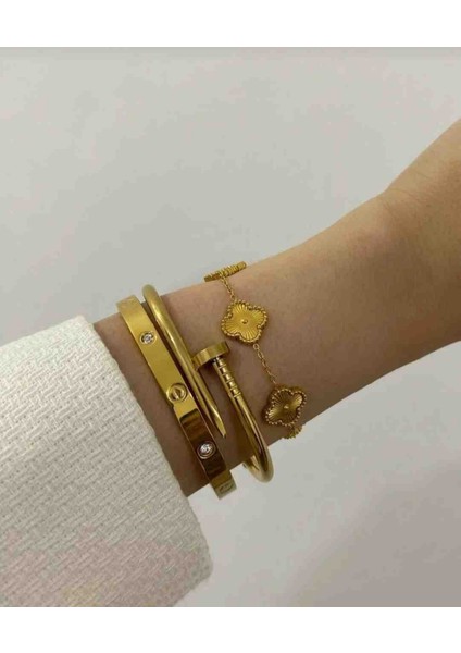 Gold Suyolu Bileklik Kelepçe Çelik Takı Seti 4lü Set modelleri