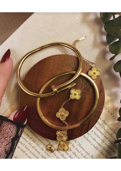 Gold Suyolu Bileklik Kelepçe Çelik Takı Seti 4lü Set fırsatları