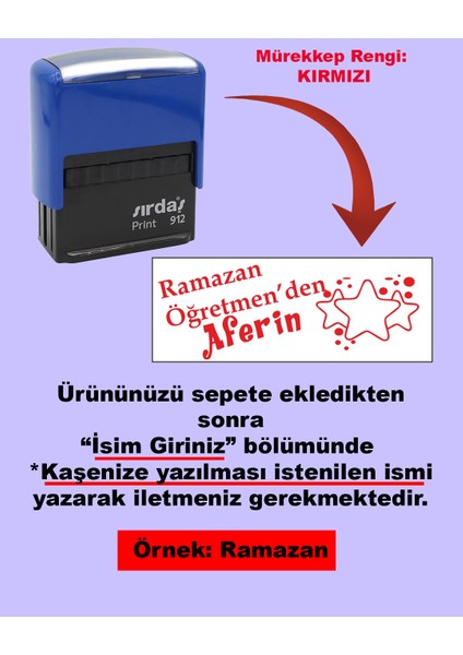 Öğretmen Kaşesi - Öğretmen'den Aferin, 912 (51mm*19mm) Kırmızı Keçeli Otomatik Kaşe