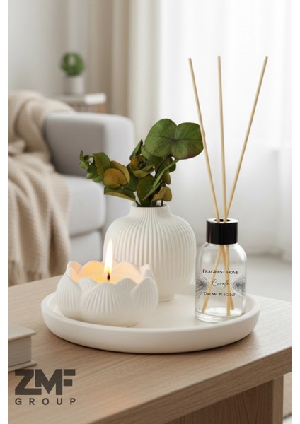 Hediyelik Tepside Iskandinav Vazo Bebek Pudrası Kokulu Lotus Mum ve Oda Kokusu