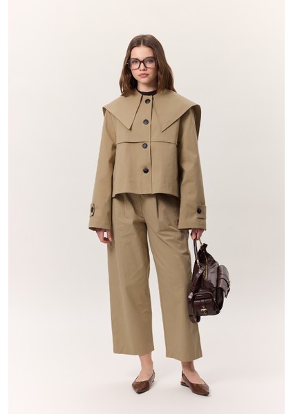 Geniş Yaka Gabardin Ceket - Camel indirimleri