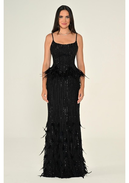 Kadın Payetli Askılı Iki Parça Tüy Detaylı Uzun Abiye Elbise