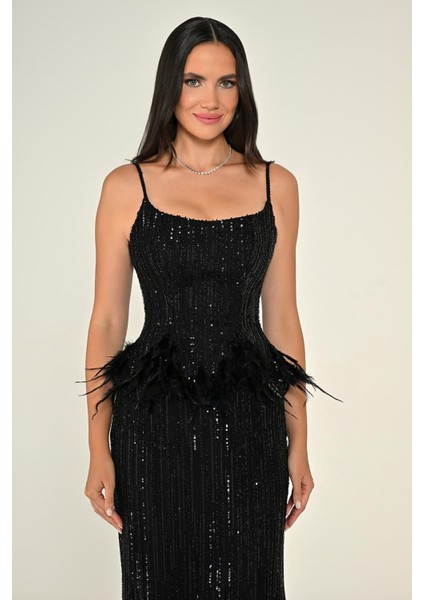 Kadın Payetli Askılı Iki Parça Tüy Detaylı Uzun Abiye Elbise fiyatları