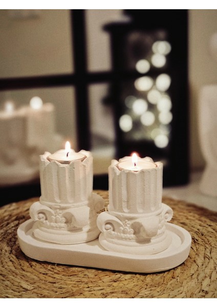 Tepside Dekoratif 2'li Yıkılmış Roma Sütunu Tealight Mumluk 8cm ve 2 Adet Tealight Mum Hediyeli modelleri
