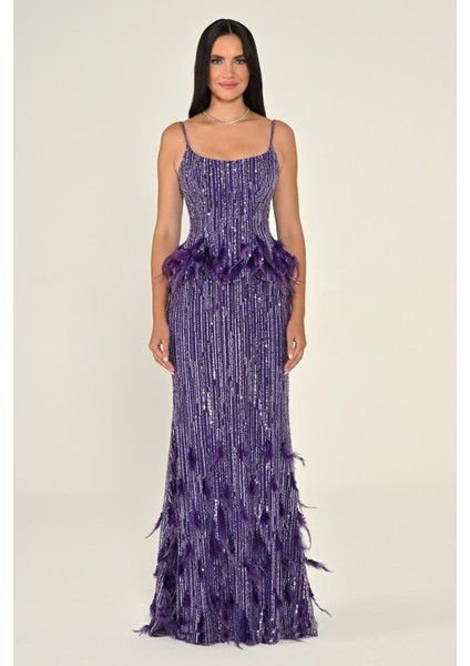 Kadın Payetli Askılı Iki Parça Tüy Detaylı Uzun Abiye Elbise