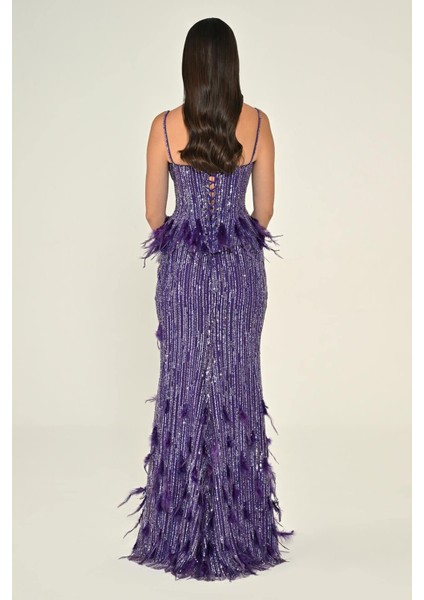 Kadın Payetli Askılı Iki Parça Tüy Detaylı Uzun Abiye Elbise fiyatları