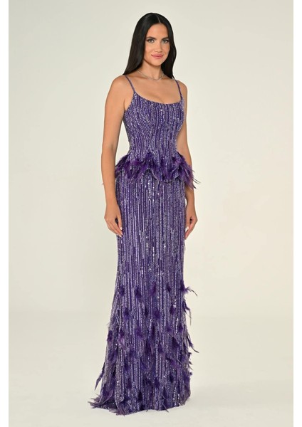 Kadın Payetli Askılı Iki Parça Tüy Detaylı Uzun Abiye Elbise modelleri