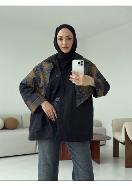 Ekose Garnili Trençkot Siyah