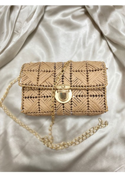 El Örgüsü Kanvas Kadın Çanta Rafya Kağıt Ipli Zincir Askılı