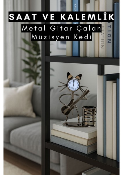 Metal Saat ve Kalemlik Gitar Çalan Müzisyen Kedi Masa Üstü Kalemlik Casapetra