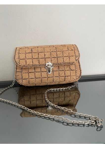 El Örgüsü Kanvas Kadın Çanta Rafya Kağıt Ipli Zincir Askılı Orta Boy