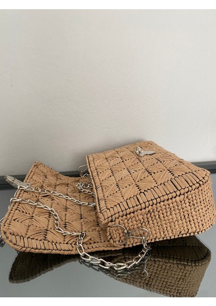 El Örgüsü Kanvas Kadın Çanta Rafya Kağıt Ipli Zincir Askılı Orta Boy modelleri