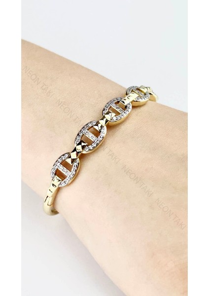 Kelepçe Bileklik, Zirkon Taşlı, Kararmayan Paslanmaz Çelik, Altın Renk, Model179 modelleri