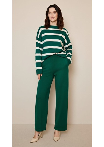 Kadın Kazak Pantolon 2'li Set Takım Çizgili Pantolonlu Kazak ve Pantolon Yeşil - 214036