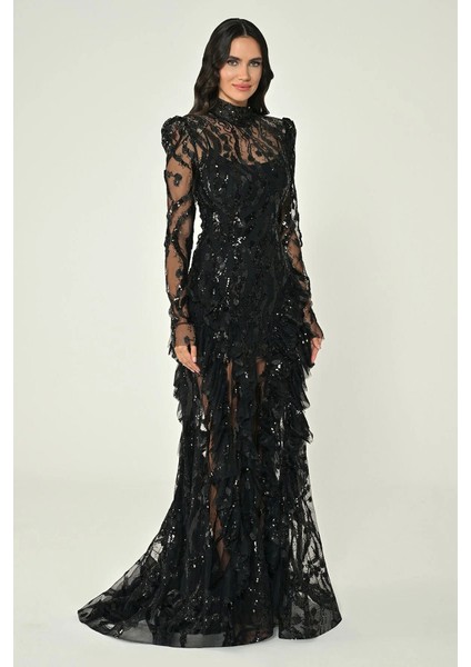 Kadın Payet Uzun Kollu Vatkalı Yırtmaçlı Abiye Elbise