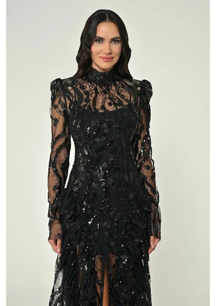 Kadın Payet Uzun Kollu Vatkalı Yırtmaçlı Abiye Elbise fiyatları