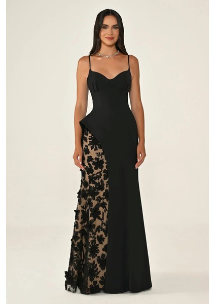 Kadın Askılı Yan Yırtmaç Volanlı Çiçek Desenli Krep Abiye