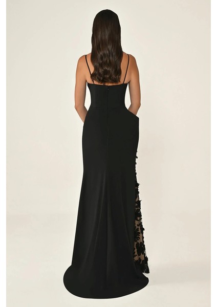 Kadın Askılı Yan Yırtmaç Volanlı Çiçek Desenli Krep Abiye fiyatları