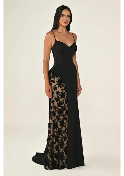 Kadın Askılı Yan Yırtmaç Volanlı Çiçek Desenli Krep Abiye modelleri