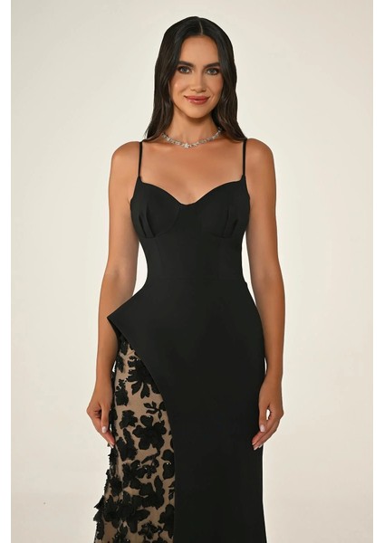 Kadın Askılı Yan Yırtmaç Volanlı Çiçek Desenli Krep Abiye fırsatları