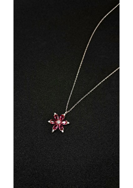 Fuşya Taşlı Lotus Çiçeği Gümüş Kolye