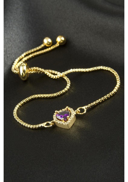 Nrzsnt Kalp Zirkon Taşlı Asansörlü Bileklik Ciddi Ilişki Bilekliği-Mor
