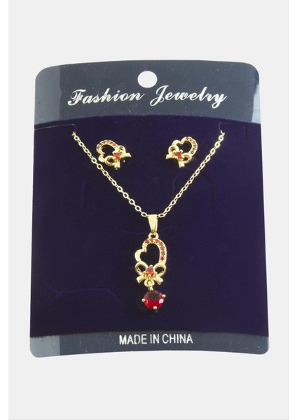 Nrzsnt Kalp Fiyong Zirkon Taşlı Set Kolye-Kırmızı fiyatları