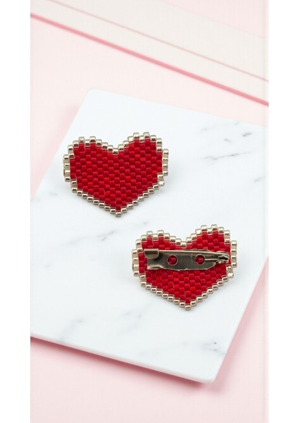 Miyuki Boncuk El Yapımı Kırmızı Kalp Broş - Yaka Iğnesi