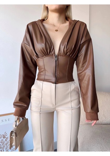 Kapşonlu Yarım Fermuarlı Ceket Kahve H24116 fırsatları