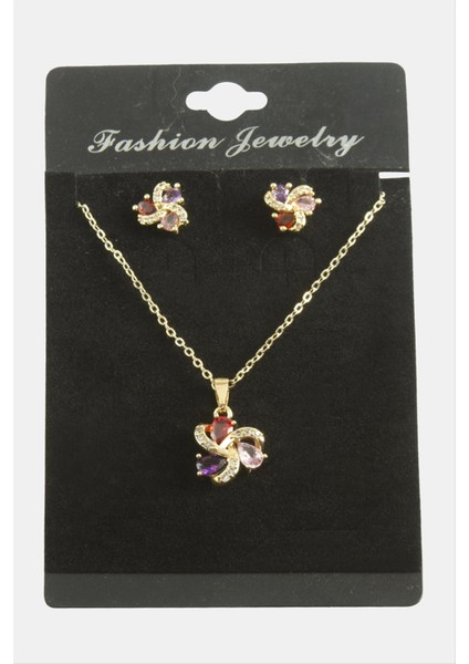 Nrzsnt Çiçek Damla Zirkon Taşlı Set Kolye-Siyah