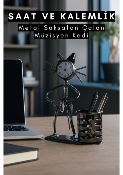 Metal Saat ve Kalemlik Saksafon Çalan Müzisyen Kedi Masa Üstü Kalemlik Casapetra