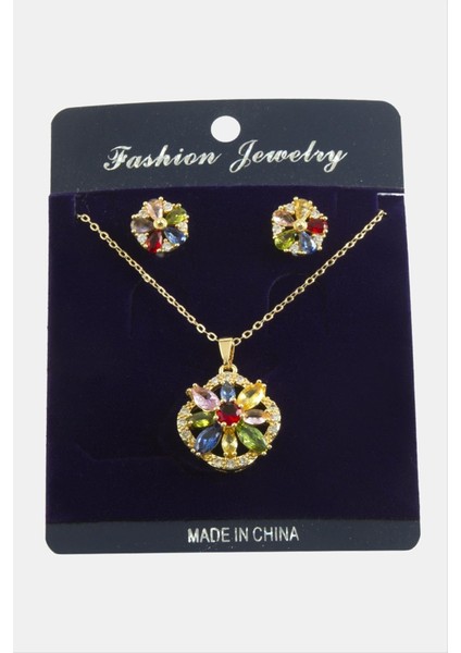 Nrzsnt Çiçek Zirkon Taşlı Set Kolye-Renkli fiyatları