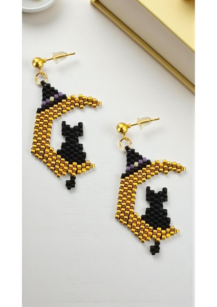 Miyuki Boncuk El Yapımı Ayda Oturan Kedi Küpe