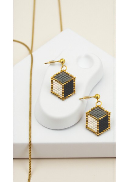 Miyuki Boncuk El Yapımı Gold Küp Küpe Gri Siyah