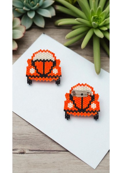 Miyuki Boncuk El Yapımı Turuncu Araba Broş - Yaka Iğnesi