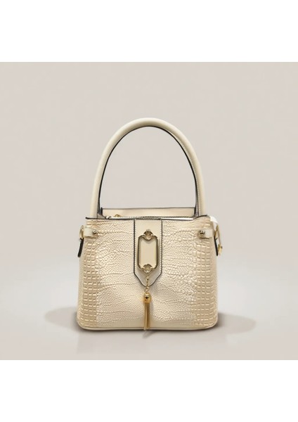 Kadın El Çantası – Timsah Desenli, Bej Renkli, Altın Detaylı