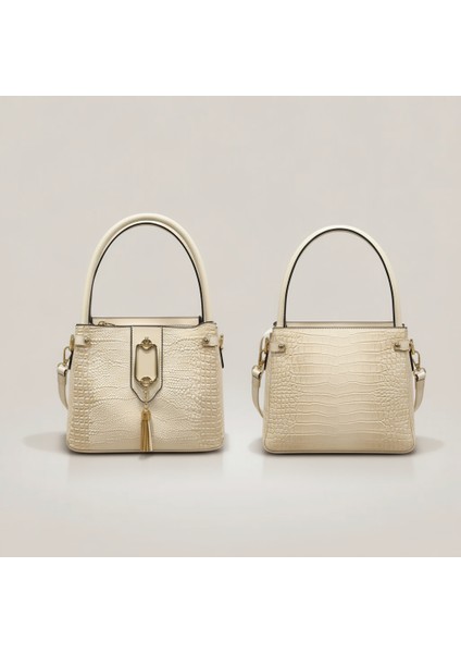 Kadın El Çantası – Timsah Desenli, Bej Renkli, Altın Detaylı fiyatları