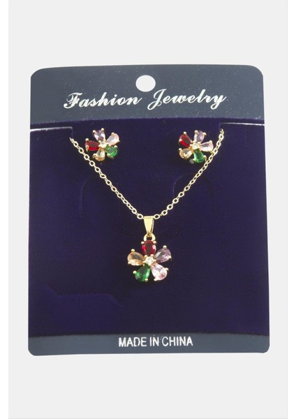 Nrzsnt Papatya Zirkon Taşlı Set Kolye-Siyah