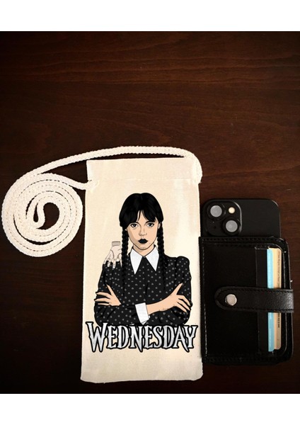 Lewiba Wednesday Tasarımlı Çift Örgülü Halat Ip Premium Baskı Kalites Pasaport Telefon Çantası