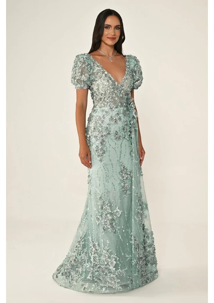 Kadın Balon Kollu 3 Boyut Çiçekli Kuşaklı Abiye Elbise